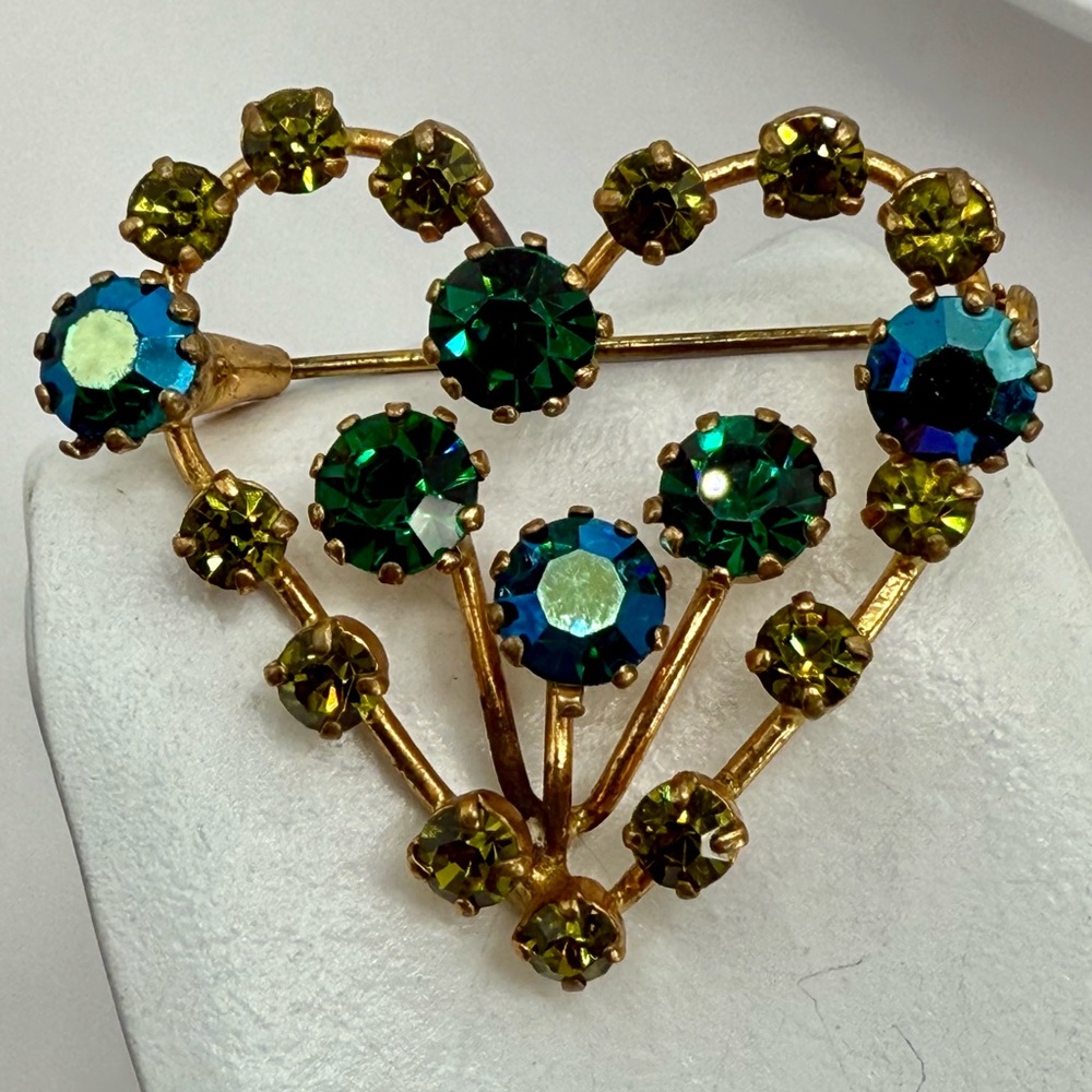 Vintage Austria Heart-Shaped Aurora Borealis Rhinestone Brooch Pin – 2”